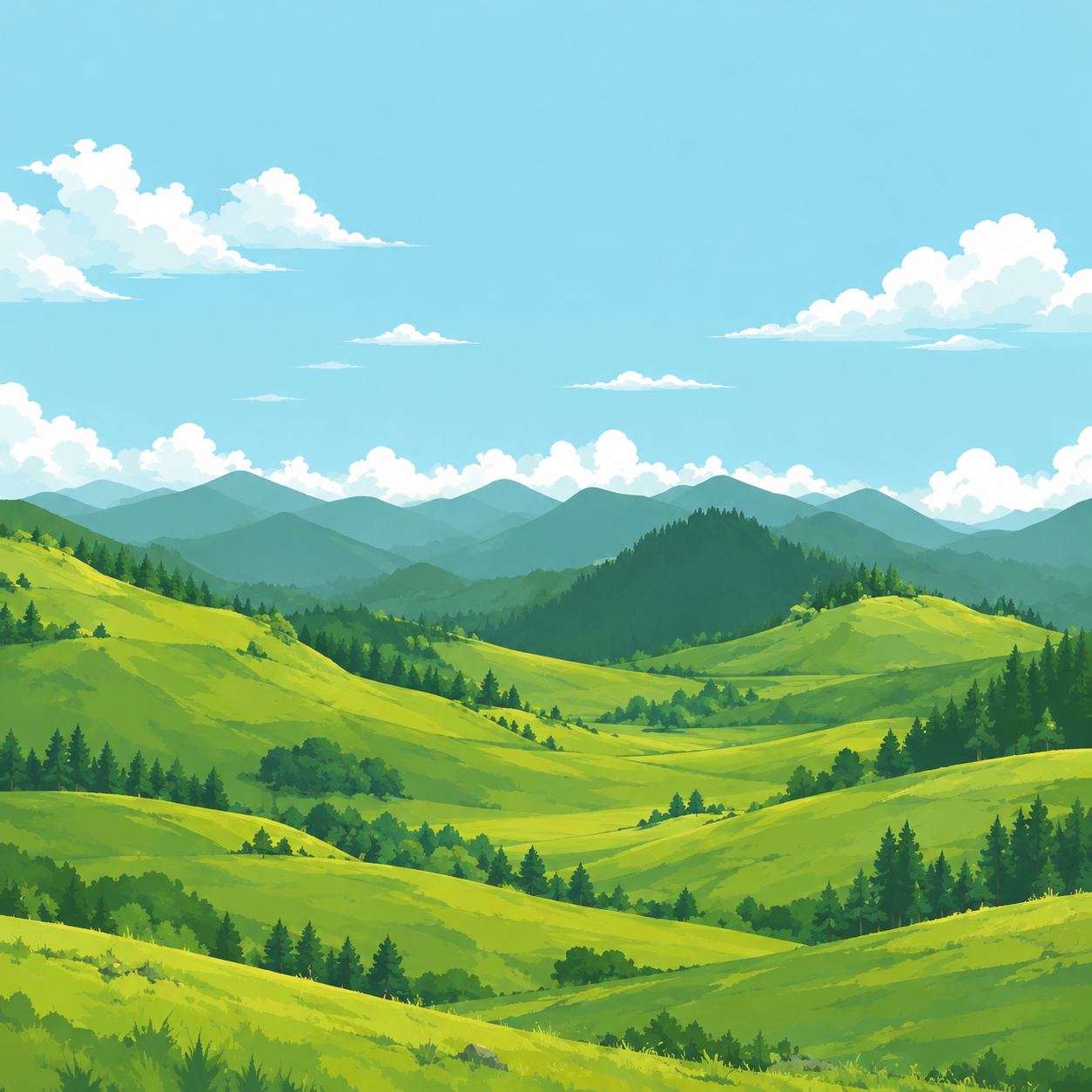 Illustrated mountain vista with green Wyoming hills
